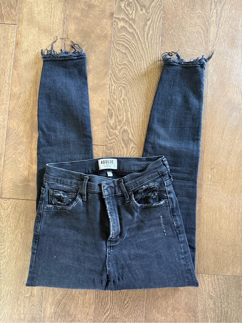 Agolde Washed Black High-Rise Skinny Jeans with Frayed Hem
